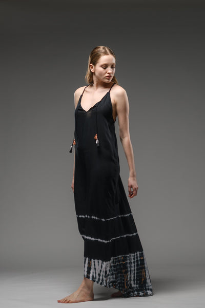 Elegant resort wear black tie dye soft rayon dress. Hand knitted braided cord ropes made of the same fabric, create a special detail net in the back.