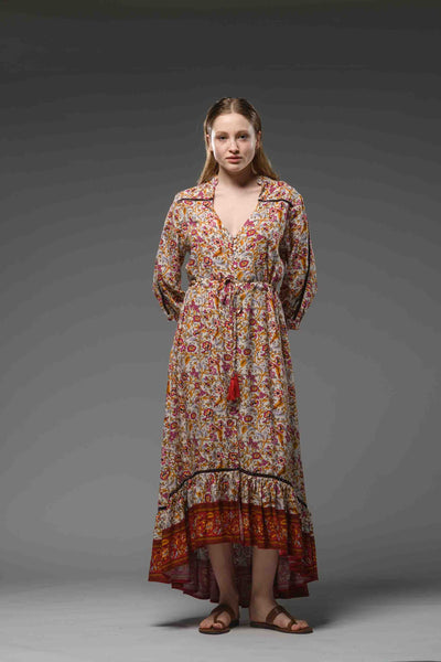 Cream red Floral border print asymmetric ruffled V-neckline self tie waist bohemian chic long dress