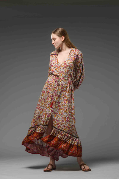 Cream red Floral border print asymmetric ruffled V-neckline self tie waist bohemian chic long dress