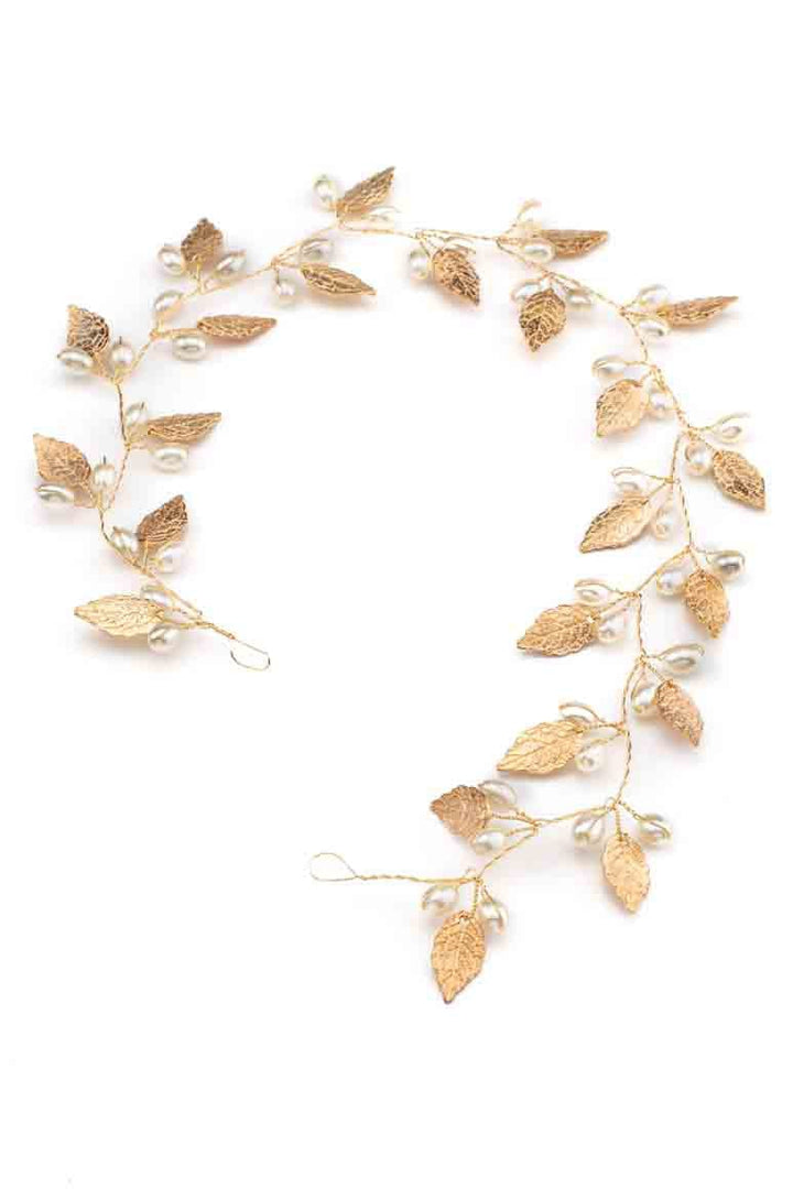 Golden leaf shaped &amp;  pearl hair jewelry