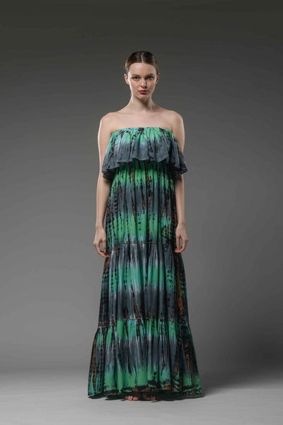 Strapless tie dye ruffled layered bodice elastic under bust embroidered boho long dress green