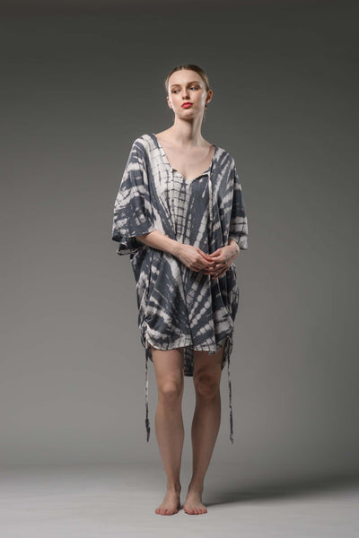 Grey white tie dye V neck beachwear kaftan blouse