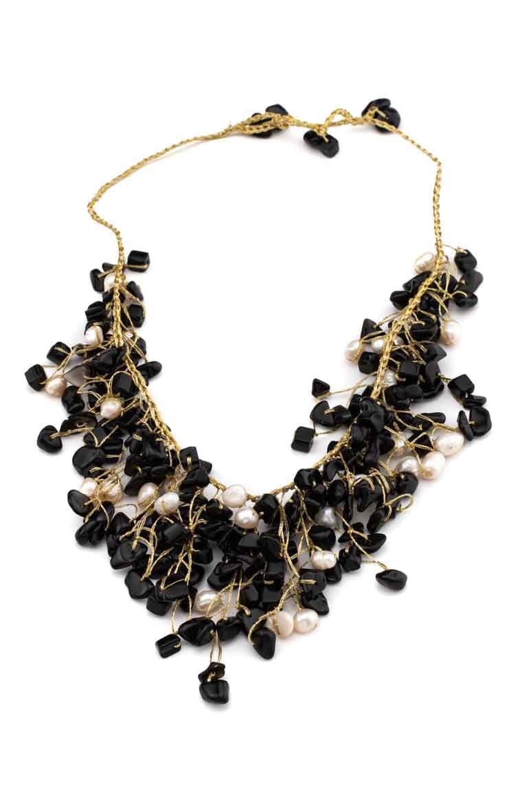 Handmade black stone &amp; pearl short necklace-awatara