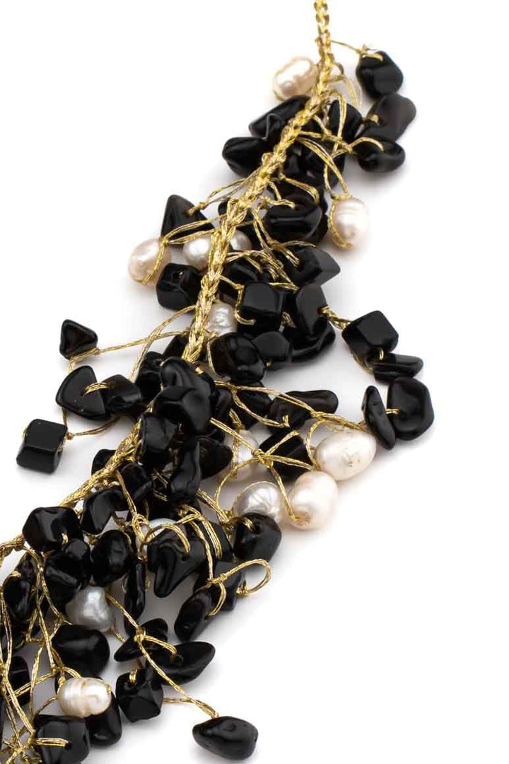 Handmade black stone &amp; pearl short necklace-awatara
