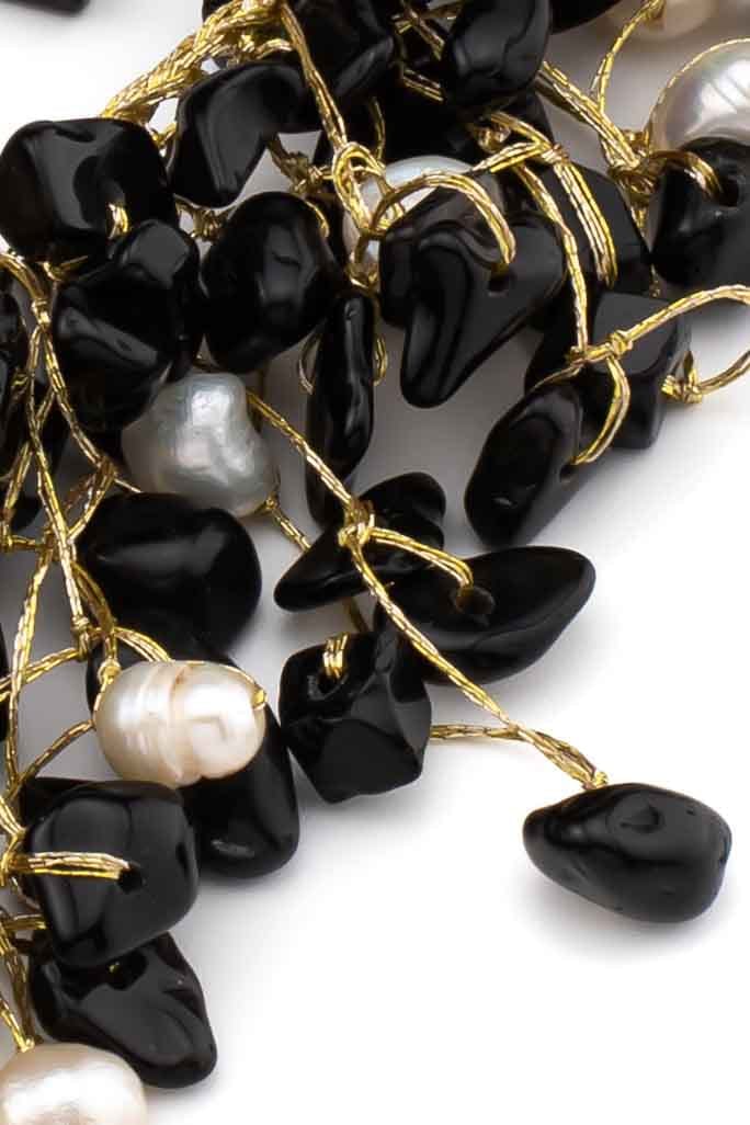 Handmade black stone &amp; pearl short necklace-awatara