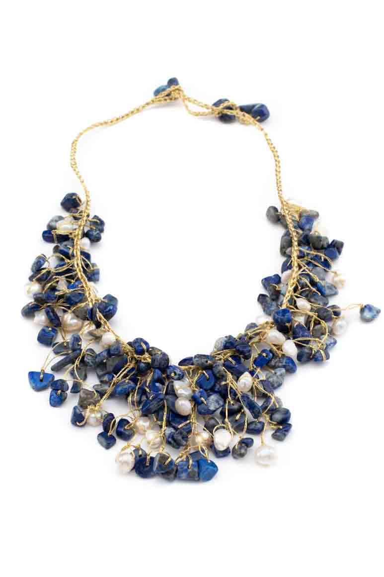 Handmade knitted blue stone &amp; pearl short necklace-awatara