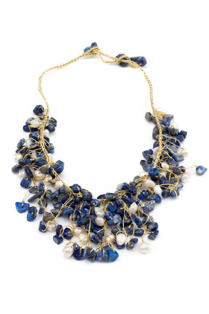Handmade knitted blue stone &amp; pearl short necklace-awatara