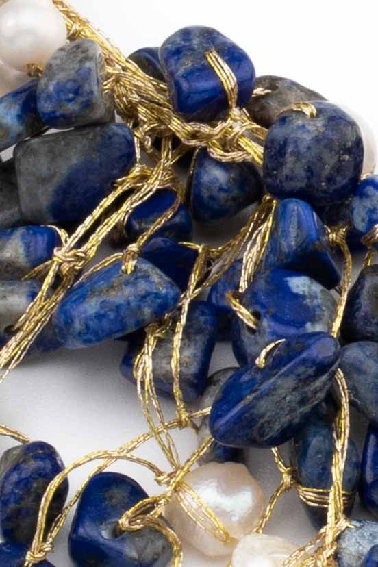 Handmade knitted blue stone & pearl short necklace-awatara