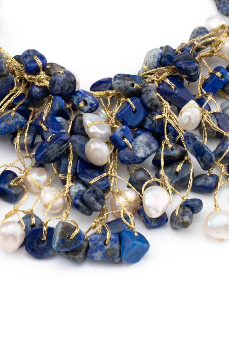 Handmade knitted blue stone & pearl short necklace-awatara