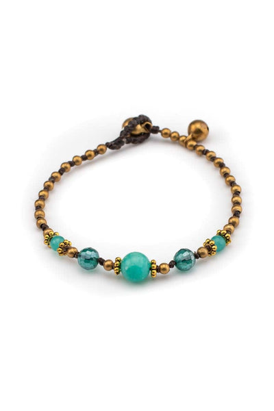 Handmade wax thread bracelet decorated with brass beads, crystals and light green agate stone-awatara