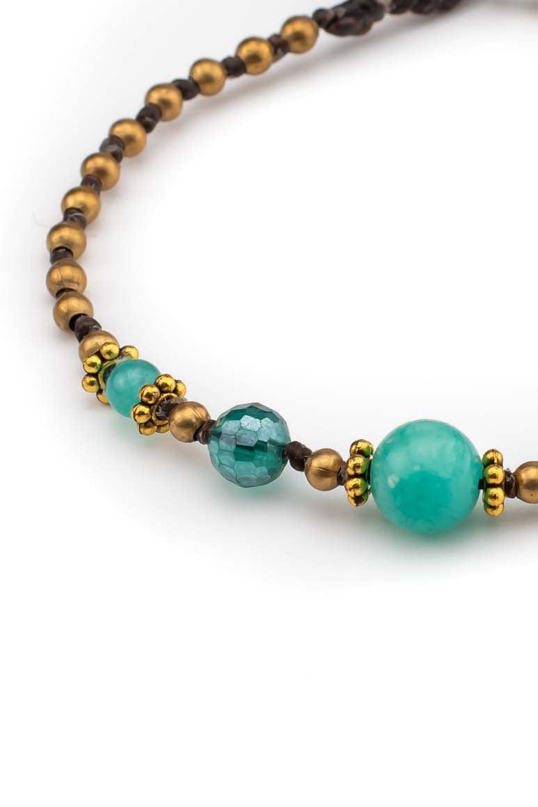 Handmade wax thread bracelet decorated with brass beads, crystals and light green agate stone-awatara