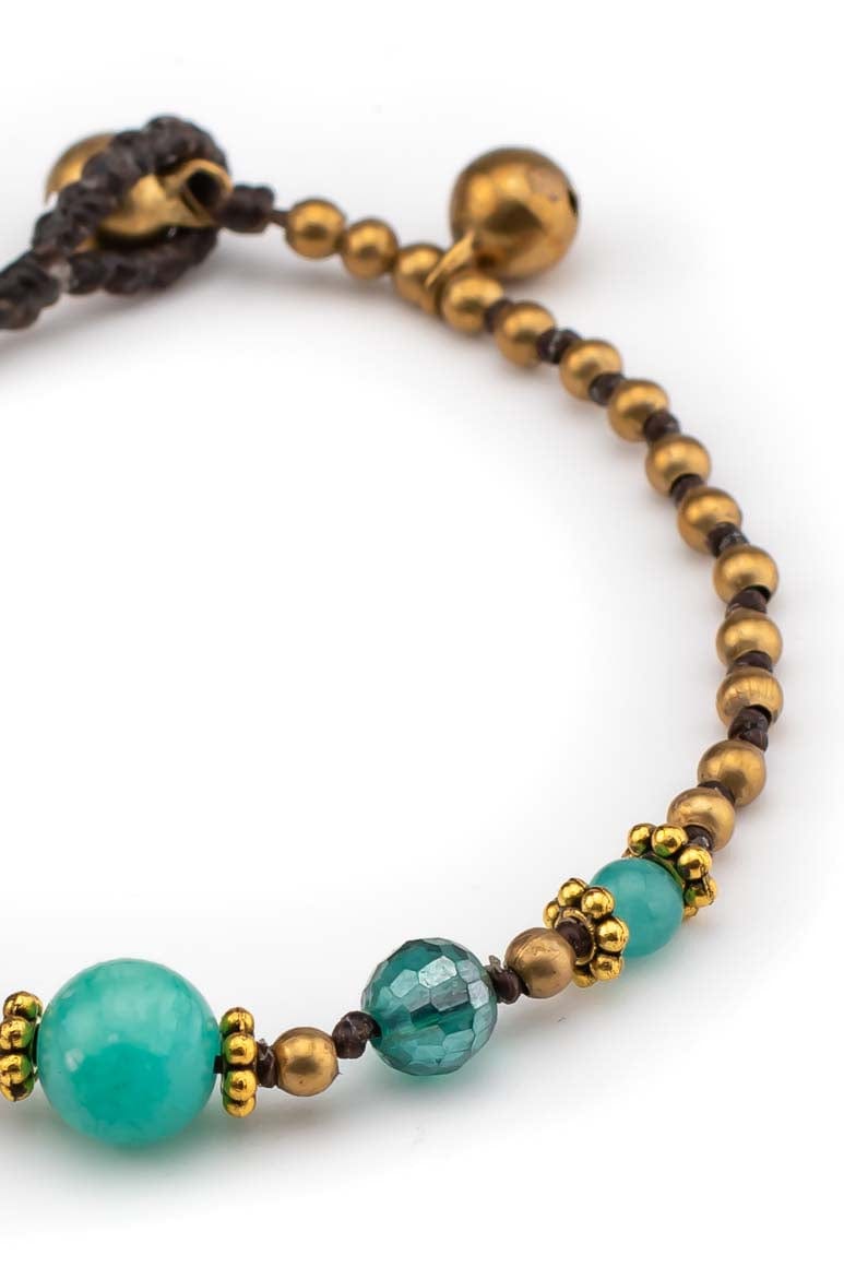 Handmade wax thread bracelet decorated with brass beads, crystals and light green agate stone-awatara