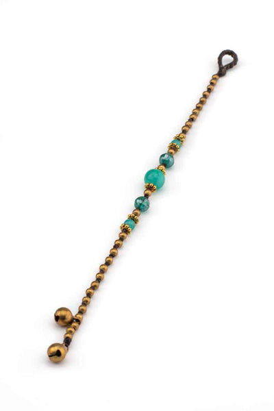 Handmade wax thread bracelet decorated with brass beads, crystals and light green agate stone-awatara