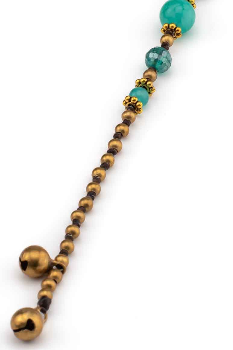 Handmade wax thread bracelet decorated with brass beads, crystals and light green agate stone-awatara