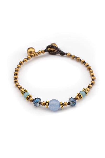 Handmade wax thread bracelet decorated with brass beads, crystals and light blue agate stone-awatara