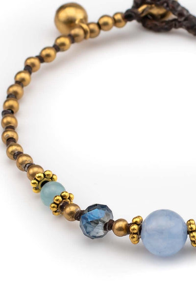 Handmade wax thread bracelet decorated with brass beads, crystals and light blue agate stone-awatara