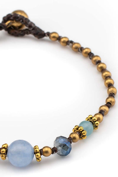 Handmade wax thread bracelet decorated with brass beads, crystals and light blue agate stone-awatara