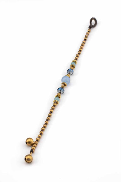 Handmade wax thread bracelet decorated with brass beads, crystals and light blue agate stone-awatara