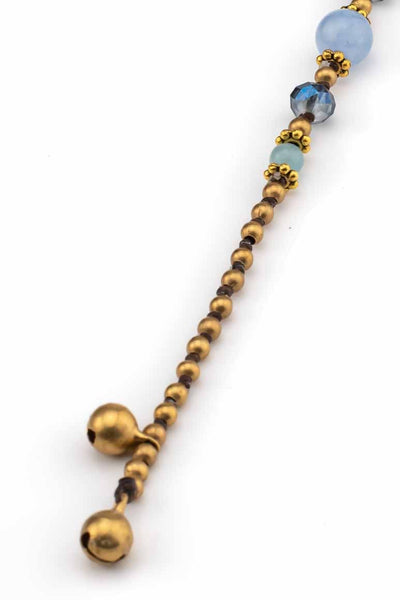 Handmade wax thread bracelet decorated with brass beads, crystals and light blue agate stone-awatara