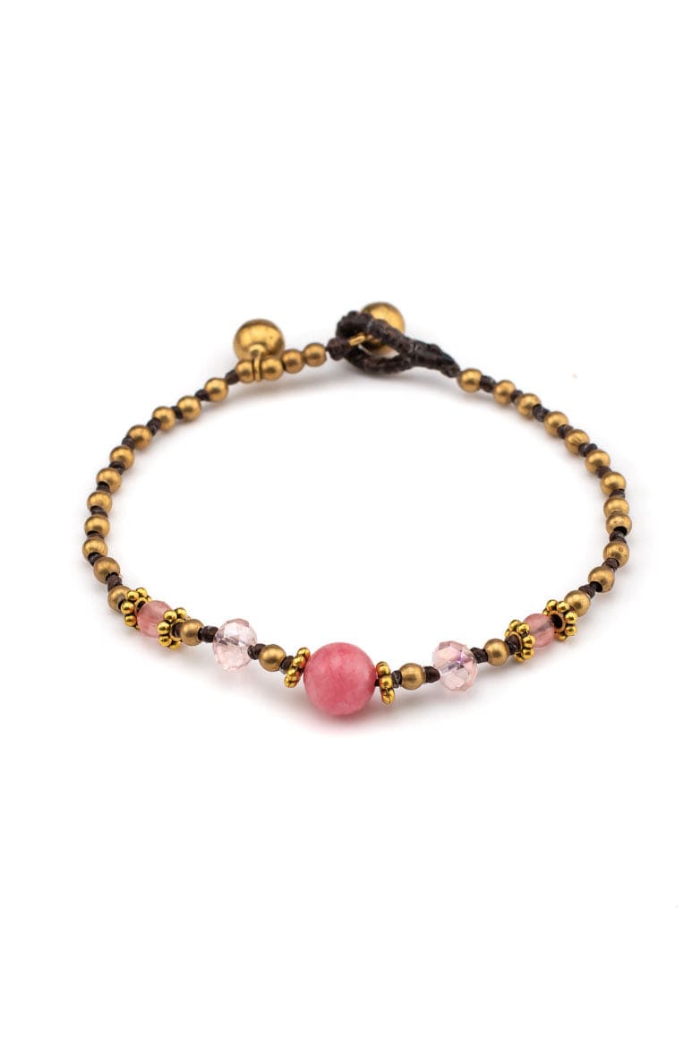 Bohemian chic handmade wax thread bracelet decorated with brass beads, crystals and pink agate stone-awatara