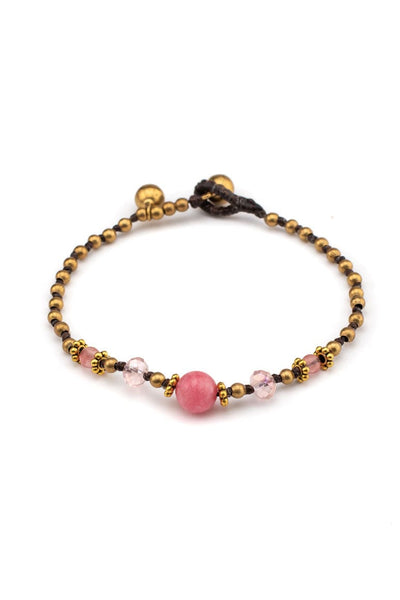 Bohemian chic handmade wax thread bracelet decorated with brass beads, crystals and pink agate stone-awatara