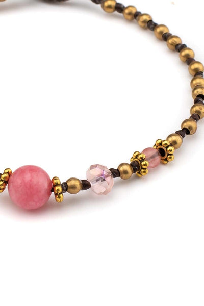 Bohemian chic handmade wax thread bracelet decorated with brass beads, crystals and pink agate stone-awatara