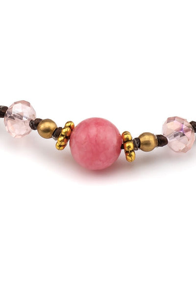Bohemian chic handmade wax thread bracelet decorated with brass beads, crystals and pink agate stone-awatara