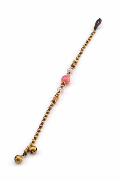Bohemian chic handmade wax thread bracelet decorated with brass beads, crystals and pink agate stone-awatara