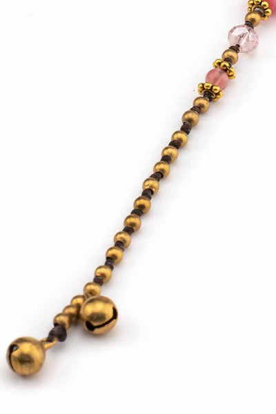 Bohemian chic handmade wax thread bracelet decorated with brass beads, crystals and pink agate stone-awatara