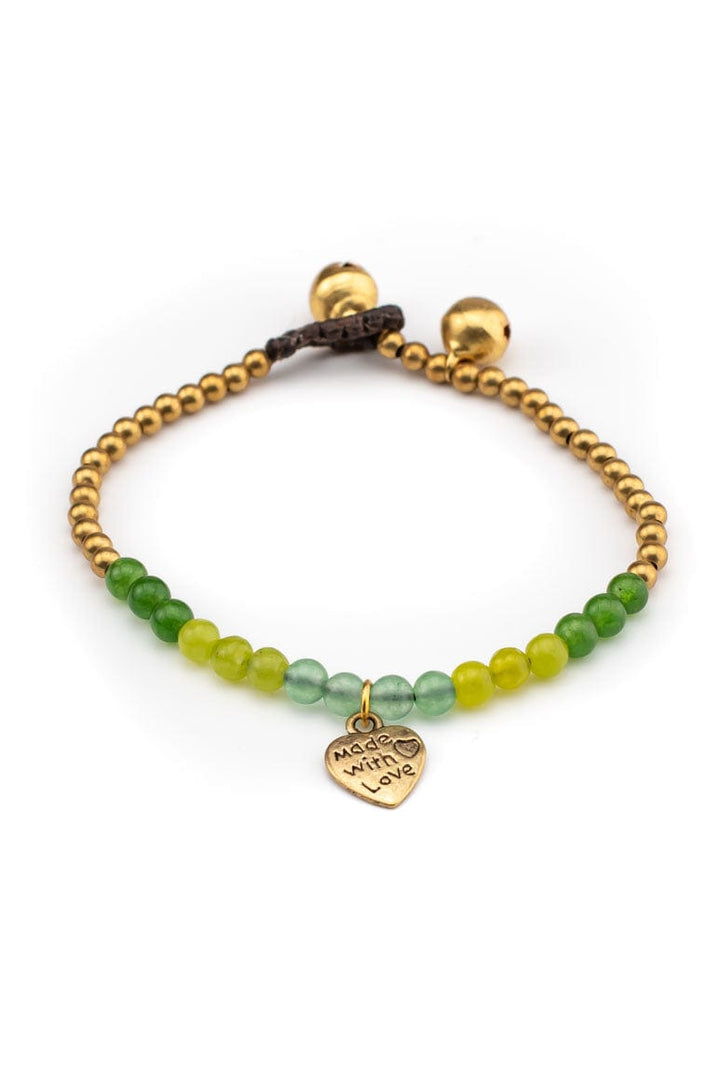 Bohemian chic handmade wax thread bracelet decorated with brass beads, green stones and heart shape pendant-awatara