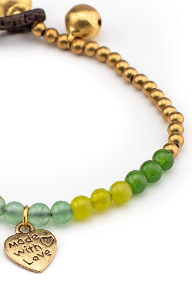 Bohemian chic handmade wax thread bracelet decorated with brass beads, green stones and heart shape pendant-awatara