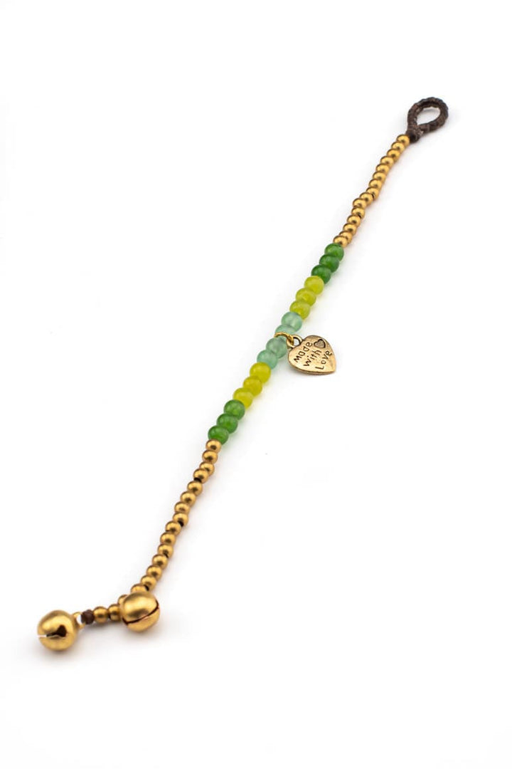 Bohemian chic handmade wax thread bracelet decorated with brass beads, green stones and heart shape pendant-awatara