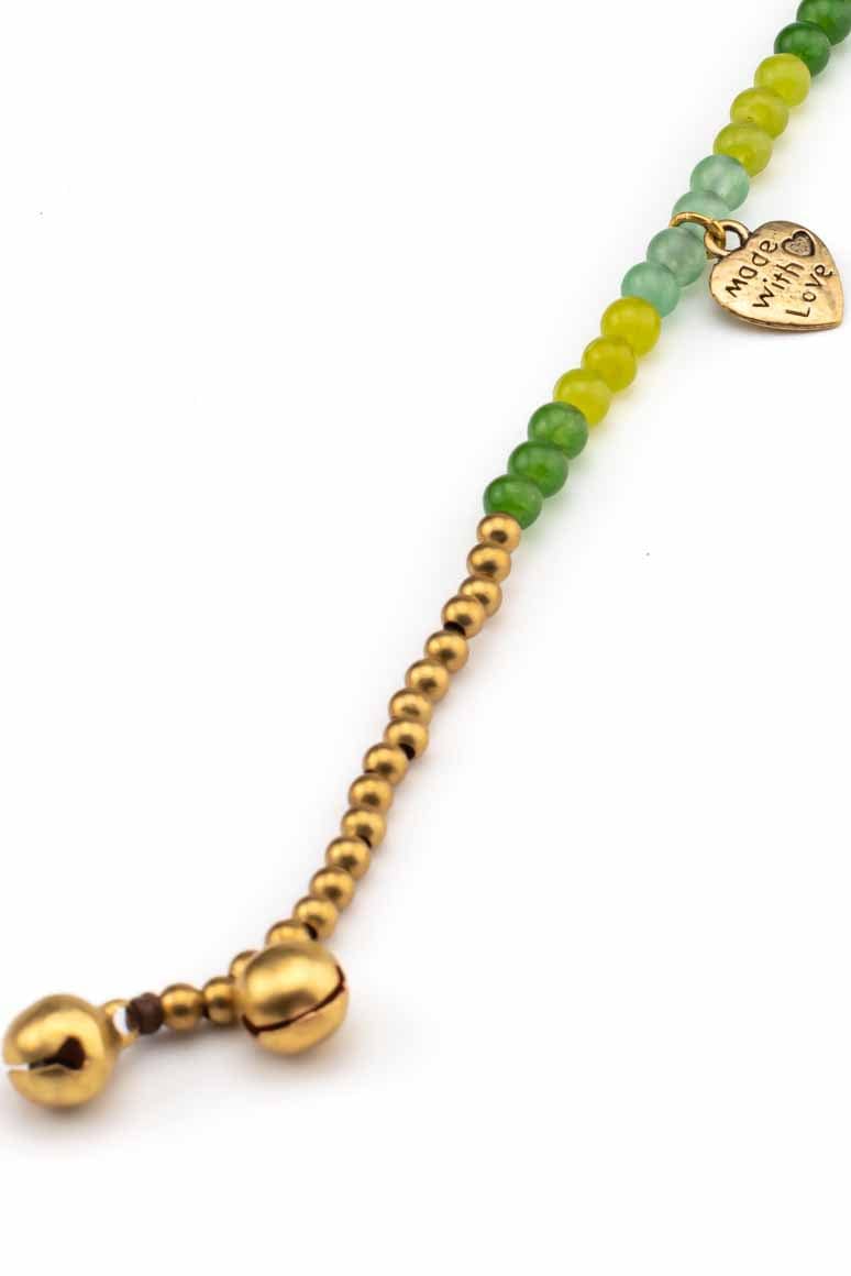 Bohemian chic handmade wax thread bracelet decorated with brass beads, green stones and heart shape pendant-awatara