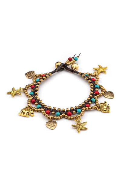 Handmade knitted wax thread bracelet decorated with brass beads and small sea pendants-awatara