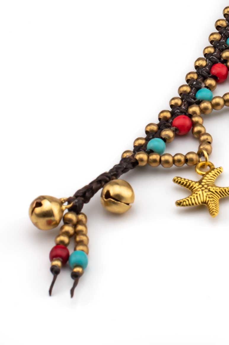 Handmade knitted wax thread bracelet decorated with brass beads and small sea pendants-awatara