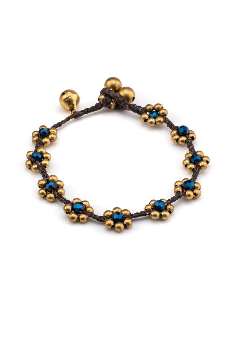 Hippie chic handmade wax thread bracelet and foot bracelet decorated with brass beads and crystals-awatara