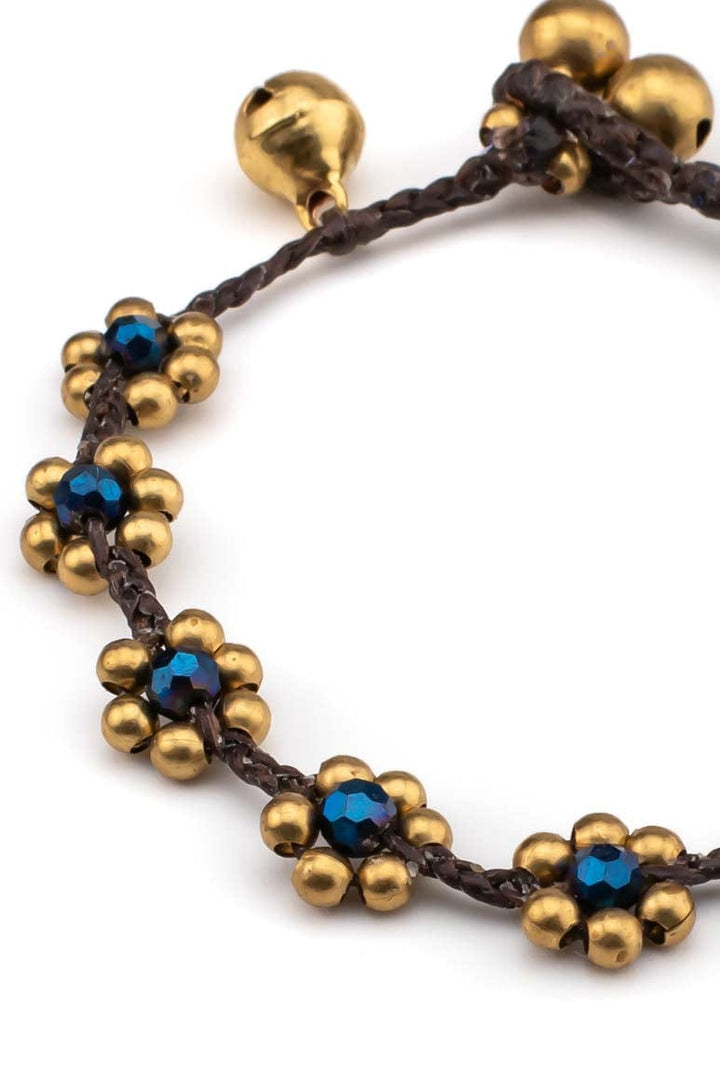 Hippie chic handmade wax thread bracelet and foot bracelet decorated with brass beads and crystals-awatara