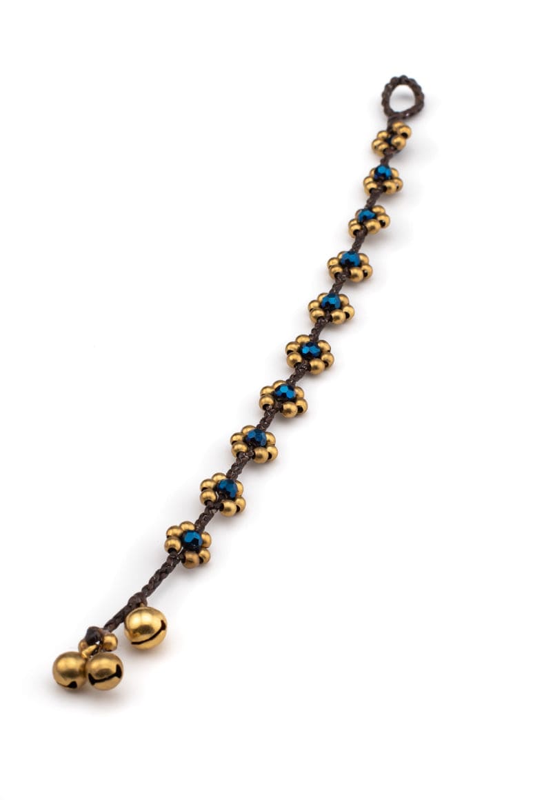 Hippie chic handmade wax thread bracelet and foot bracelet decorated with brass beads and crystals-awatara