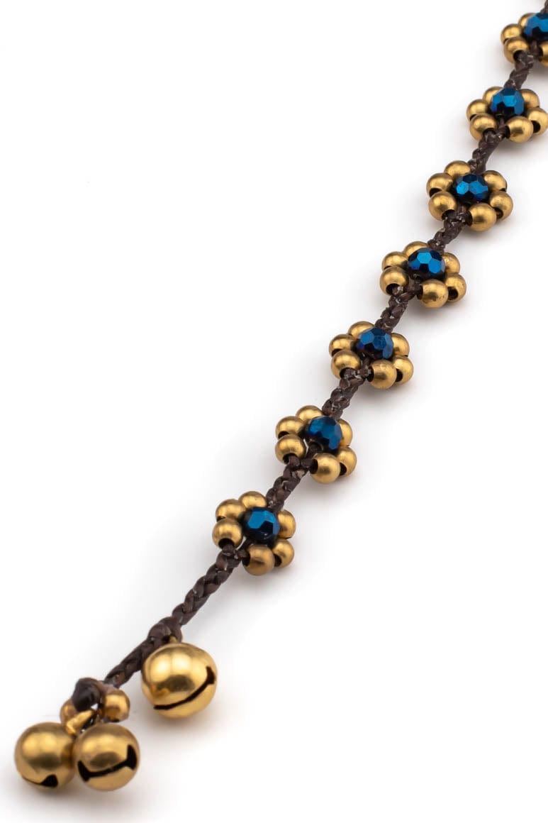 Hippie chic handmade wax thread bracelet and foot bracelet decorated with brass beads and crystals-awatara
