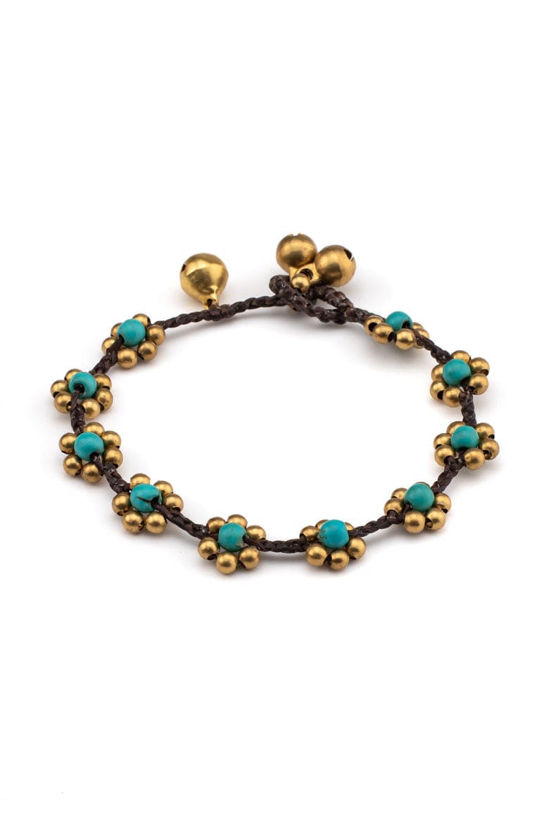 Hippie chic handmade wax thread bracelet and foot bracelet decorated with brass beads and turquoise stones-awatara