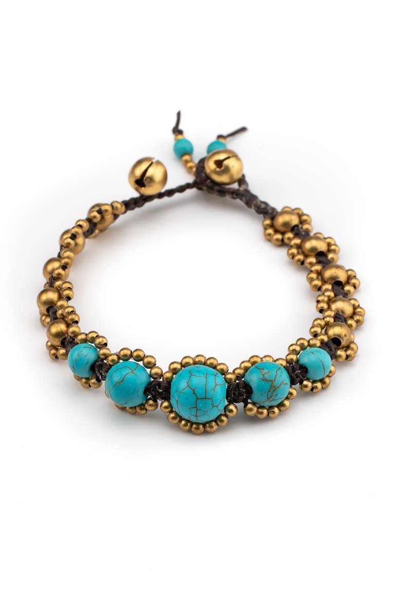 Hippie elegant handmade wax thread bracelet decorated with brass beads and turquoise stones -awatara
