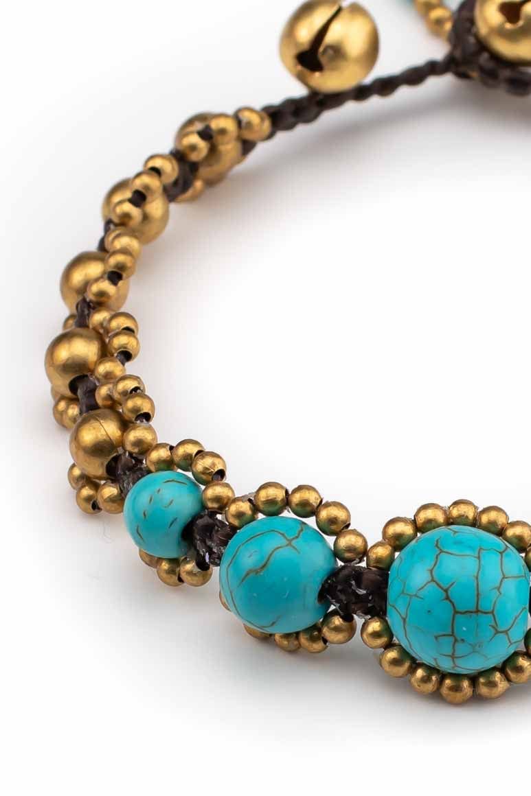 Hippie elegant handmade wax thread bracelet decorated with brass beads and turquoise stones -awatara