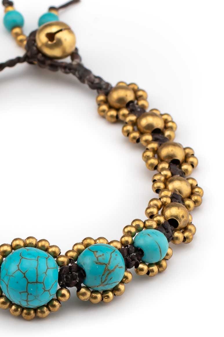 Hippie elegant handmade wax thread bracelet decorated with brass beads and turquoise stones -awatara