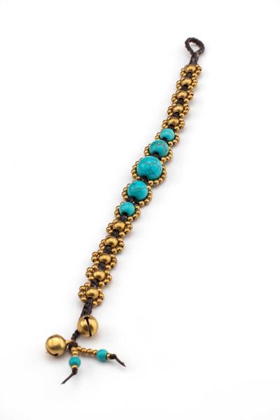 Hippie elegant handmade wax thread bracelet decorated with brass beads and turquoise stones -awatara