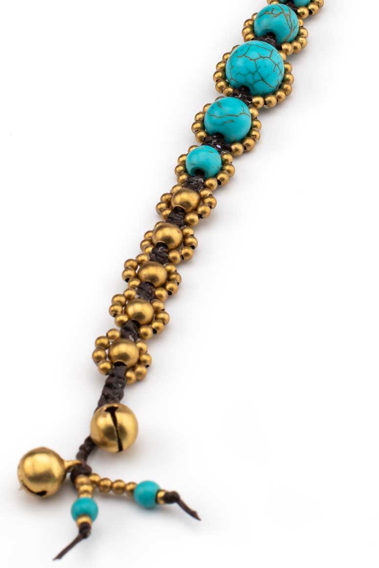 Hippie elegant handmade wax thread bracelet decorated with brass beads and turquoise stones -awatara