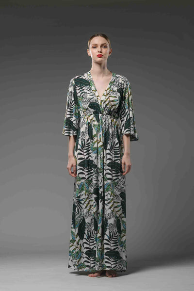 Jersey jungle printed half wide sleeve elastic waist maxi dress green