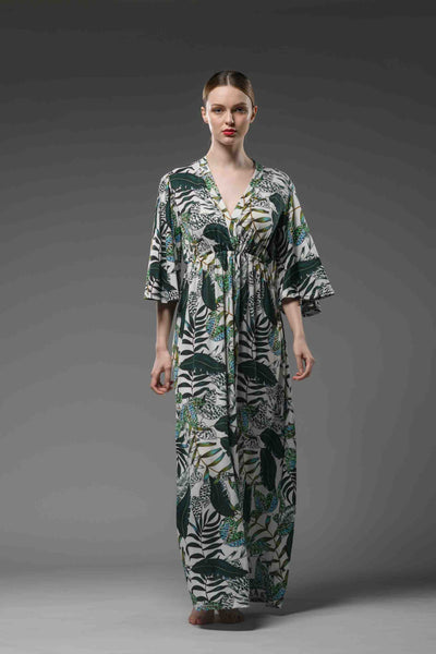 Jersey jungle printed half wide sleeve elastic waist maxi dress green