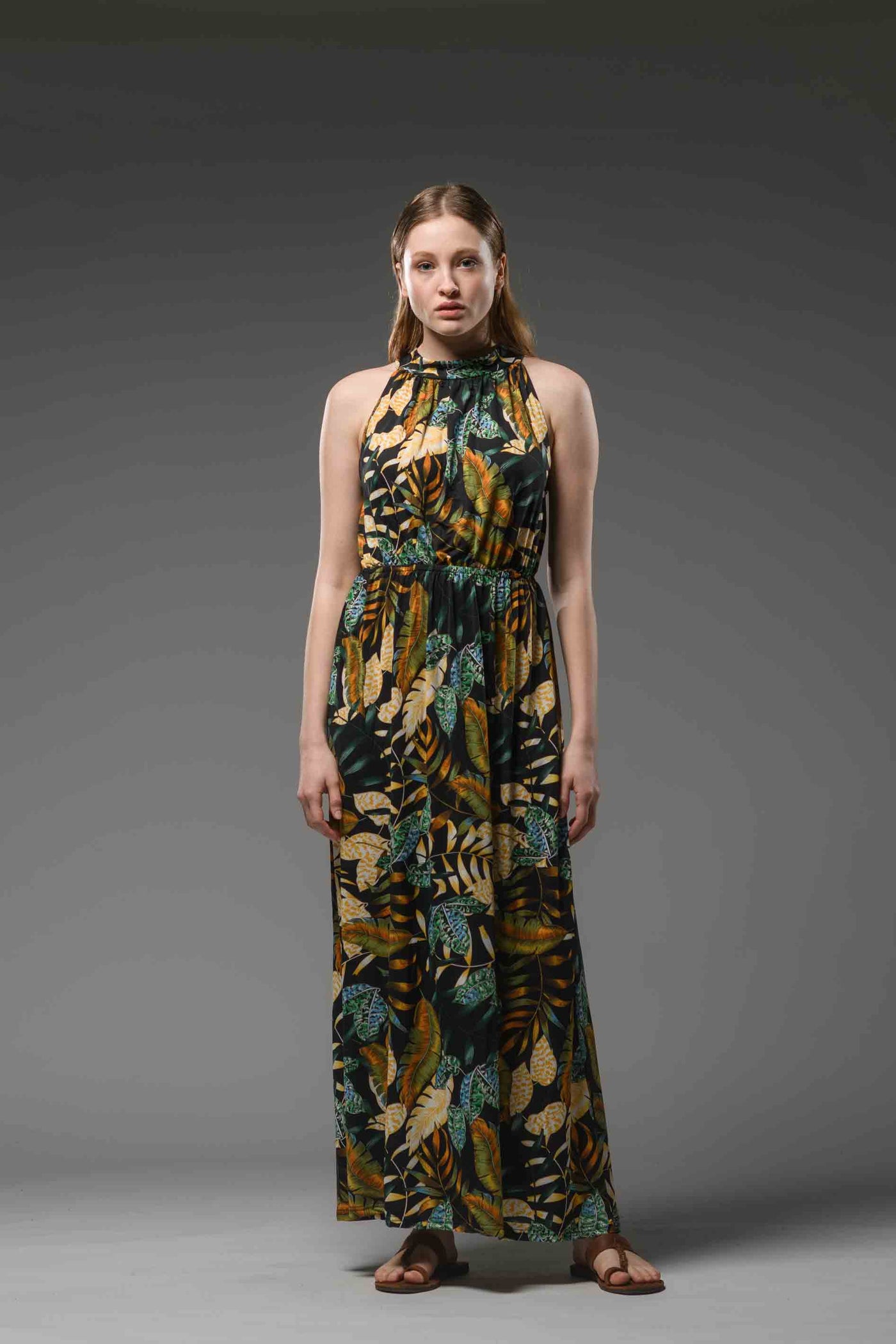 Jersey jungle printed halter neck elastic waist maxi dress black