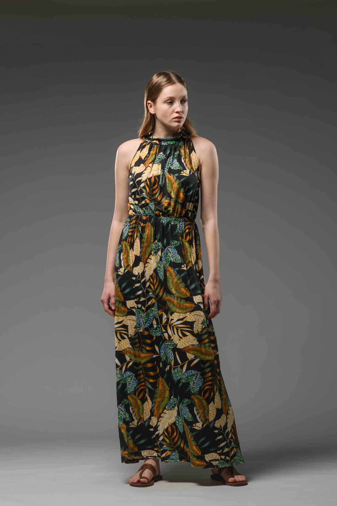 Jersey jungle printed halter neck elastic waist maxi dress black