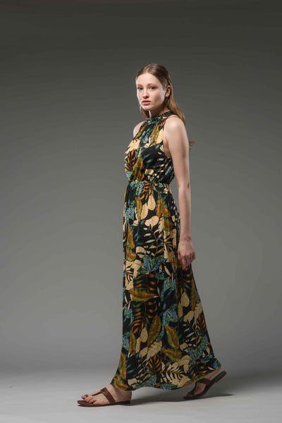 Jersey jungle printed halter neck elastic waist maxi dress black